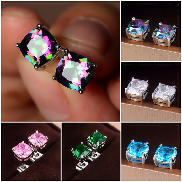 Classic Square Colorful Zircon Dainty Earrings for Women, VP1025 - Picture 3 of 4
